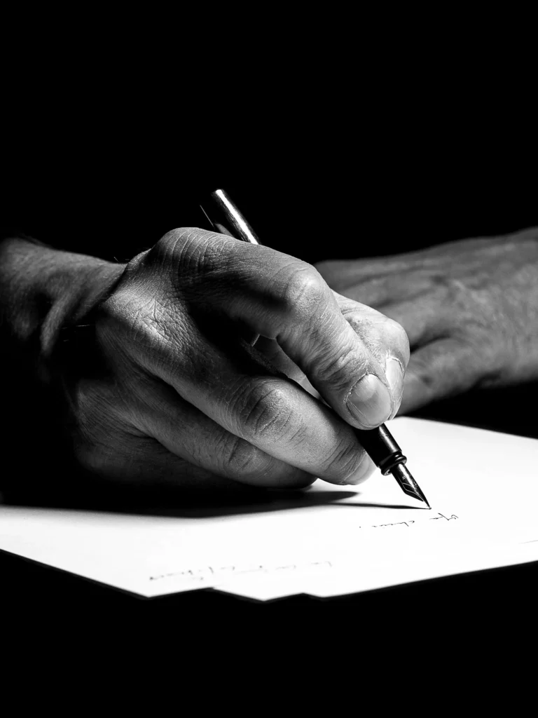 black and white writing hand